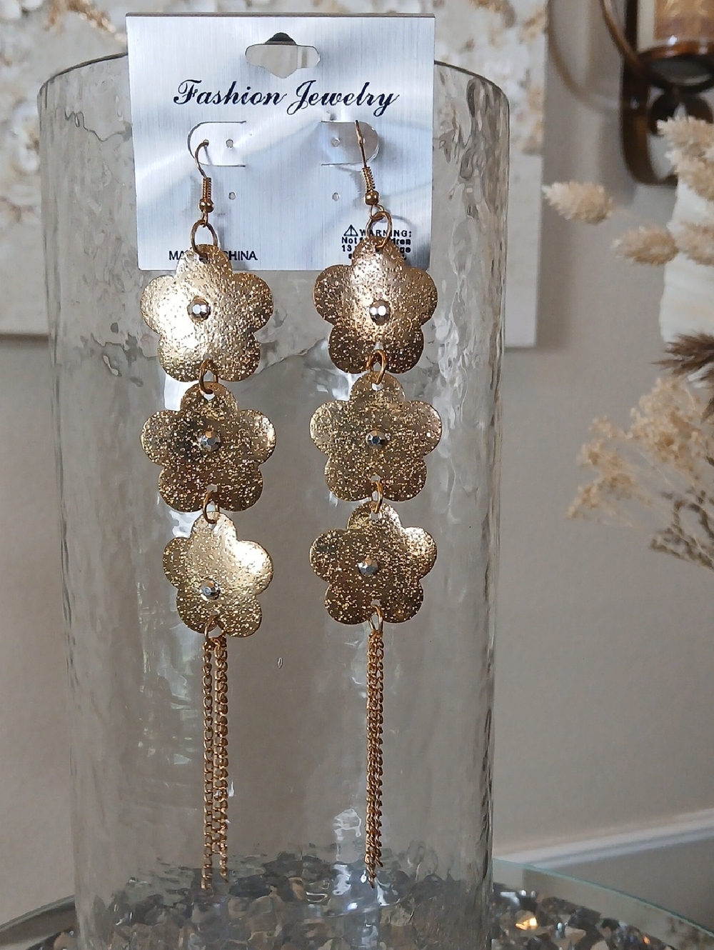 New Women's Large Gold Triple Floral Dangle Earrings With Chain Tassels